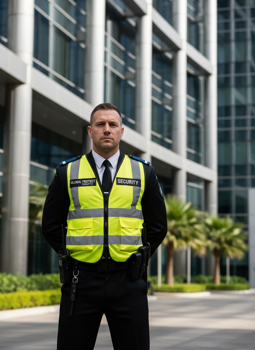 Professional security guard in uniform at Luton business premises